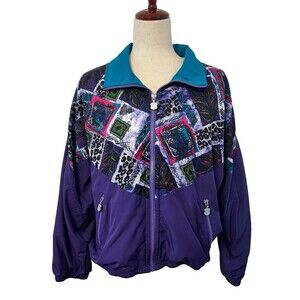 Vtg 90s KAELIN Retro Purple Windbreaker Jacket Women's M Leopard Geometric Funky